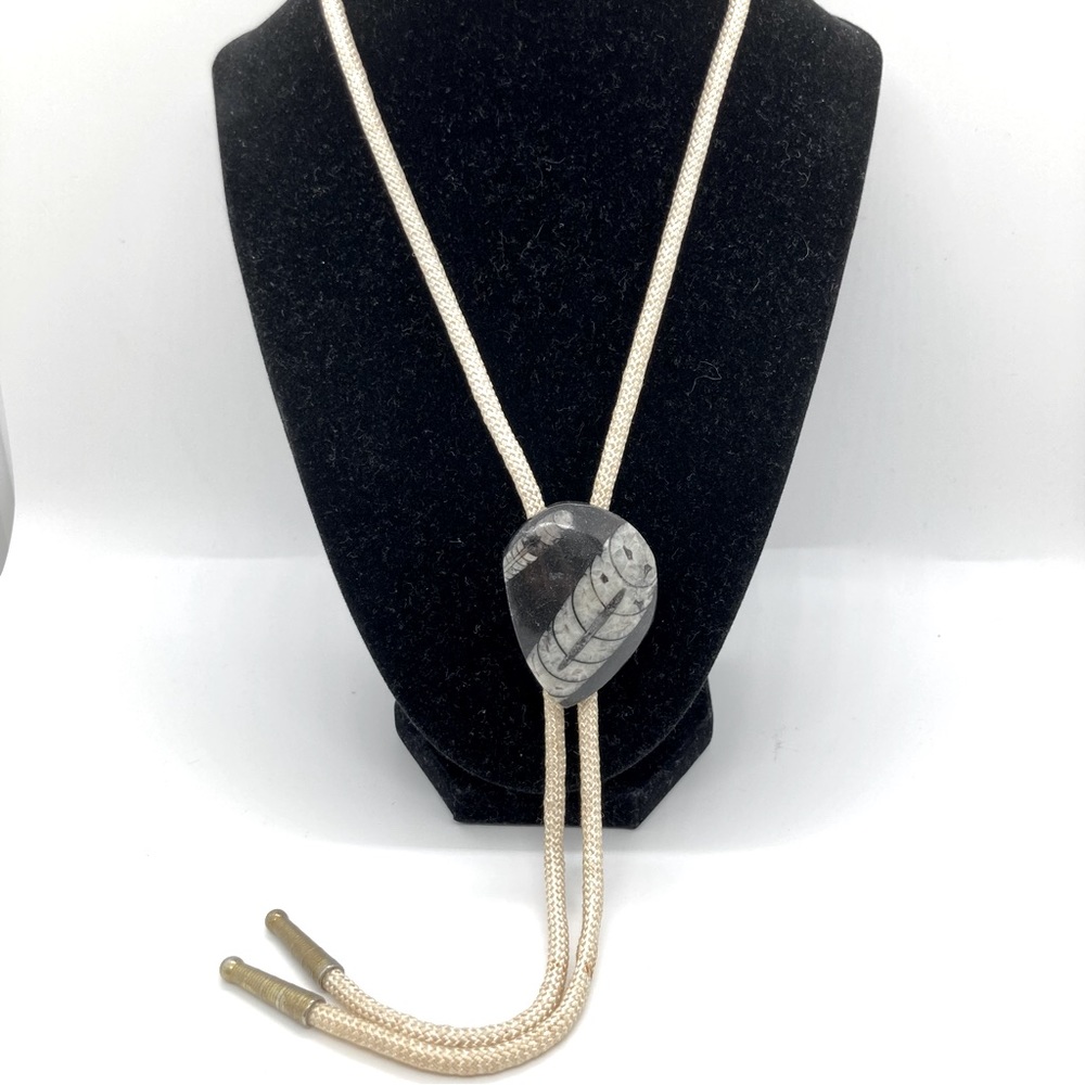 Bolo Tie Orthoceras Fossil Black & White On Nylon String Needs Cleaning
